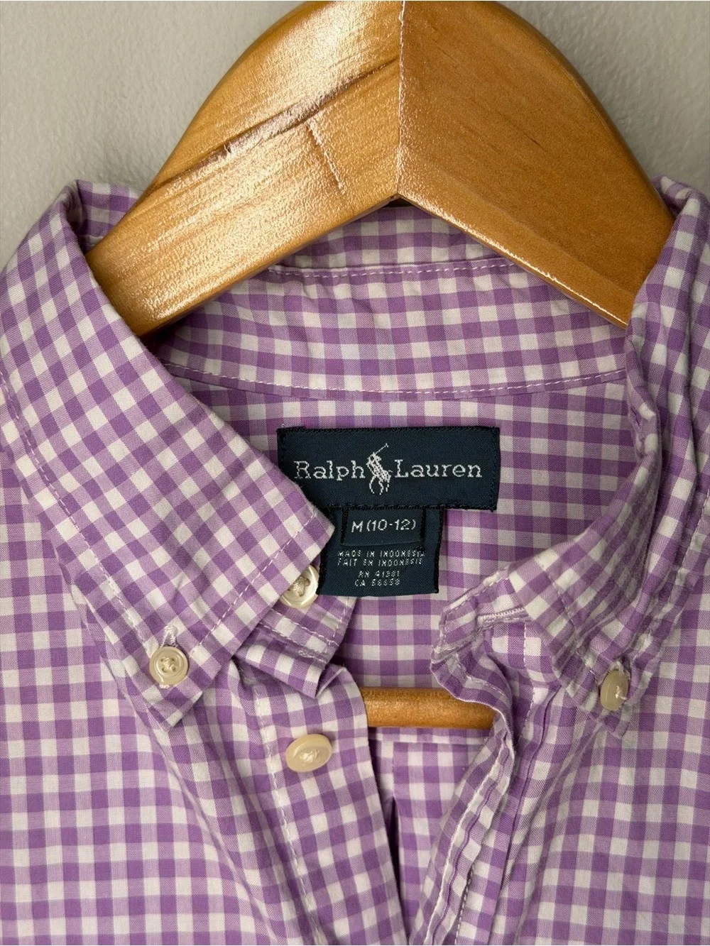 Ralph Lauren Boys Purple White Gingham Button Down Shirt Pony Logo Cotton Preppy